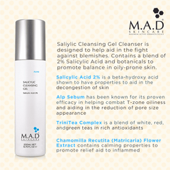 Vista del envase del gel limpiador salicílico M.A.D. Skincare