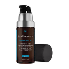 Frasco de SkinCeuticals Resveratrol B E visto de frente con etiqueta