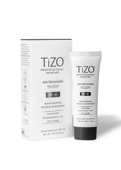 Empaque del TIZO AM Replenish SPF 40 mostrando frasco y caja